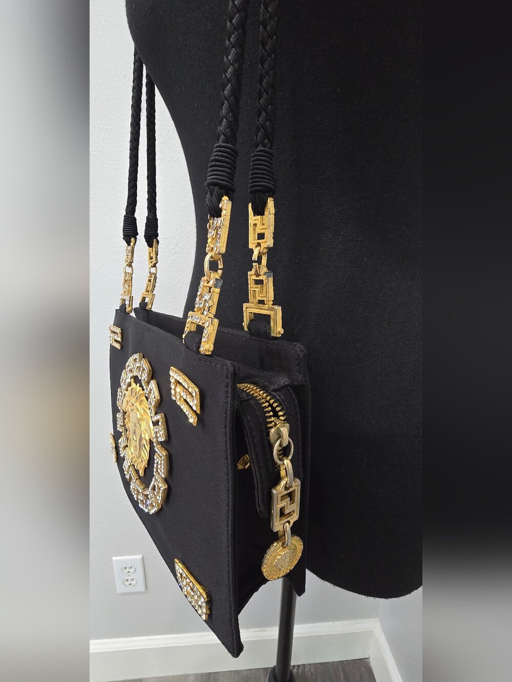 Rare Vintage 1992 Gianni Versace Couture Black Satin Rhinestone Medusa Bag - Picture 7 of 15